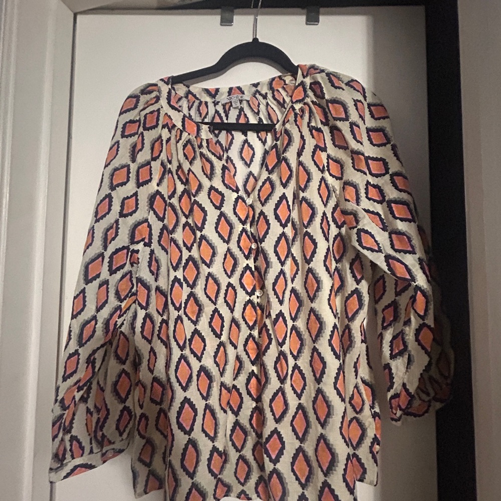 NIC+ZOE Peach, Pink, Cream and Navy Graphic Blouse with 3/4 Sleeves